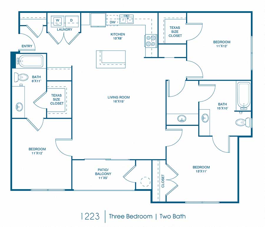 Floor plan for 3 beds, 2 baths, 1223 sqft